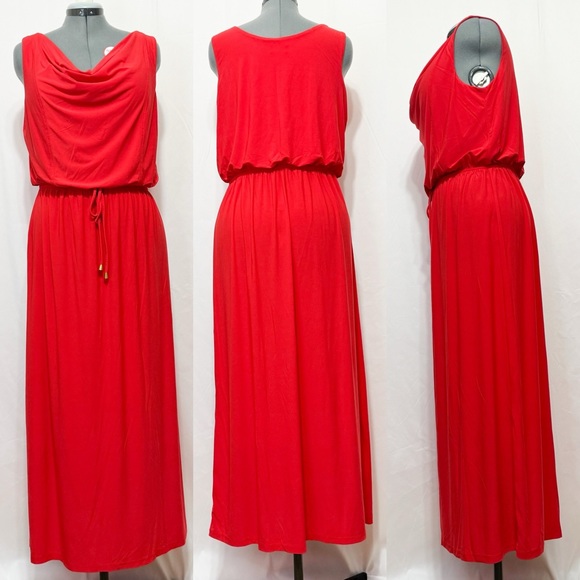 Soho Apparel Ltd Sz L  Coral Red Cowl Neckline Elasticized Waist Maxi Dress - Picture 1 of 9